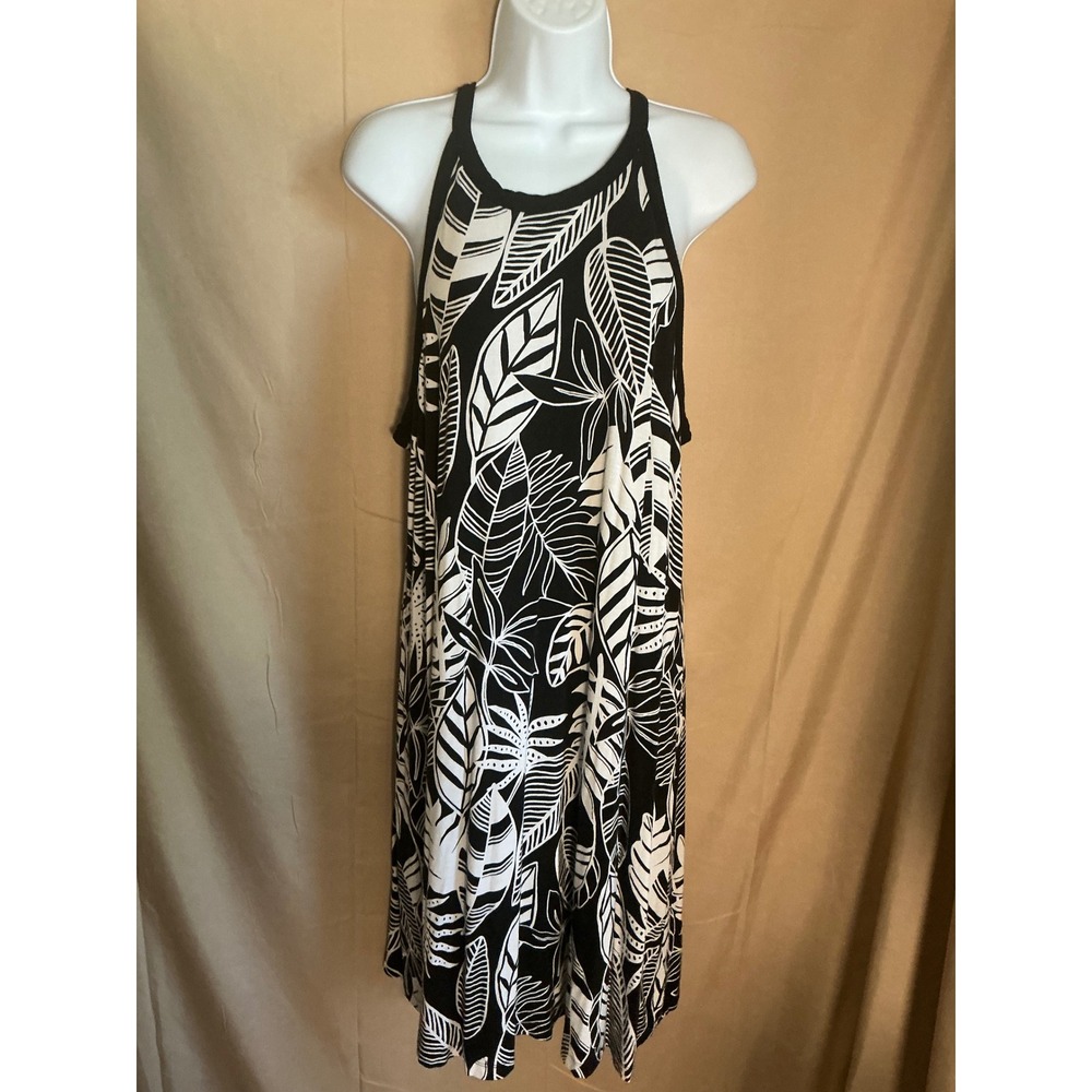 Old Navy Swing Dress Women XL Black White Excellent Tropical Leaf Halter Neck